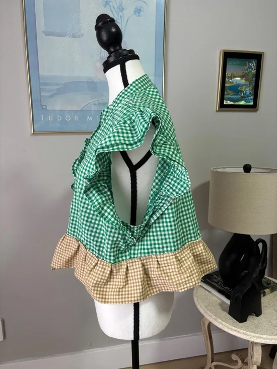 Chaps Green Gingham Ruffle Peplum Top with Tan Hem - Picture 4 of 6